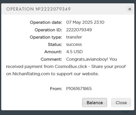 07.05.2025 – Cosmobux – 3rd payment  $4.50 (paid)