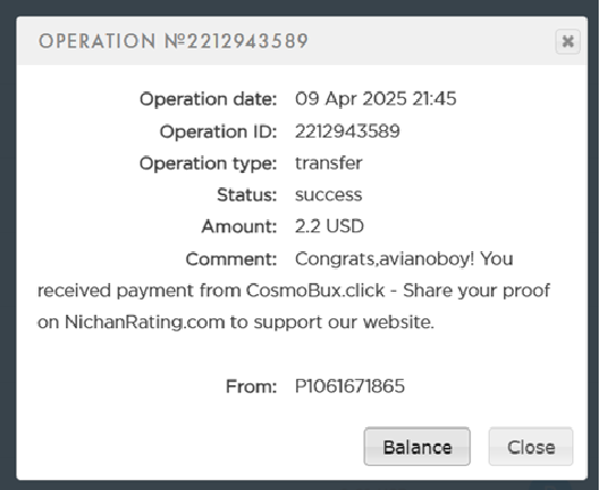 09.04.2025 – Cosmobux – 2nd payment  $2.23 (paid)