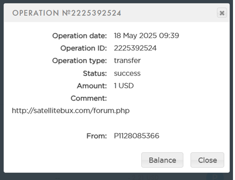 18.05.2025 – 1st Payment – Satellitebux – $1.00