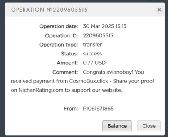 30.03.2025 – Cosmobux – 1st payment $0.78 (paid)